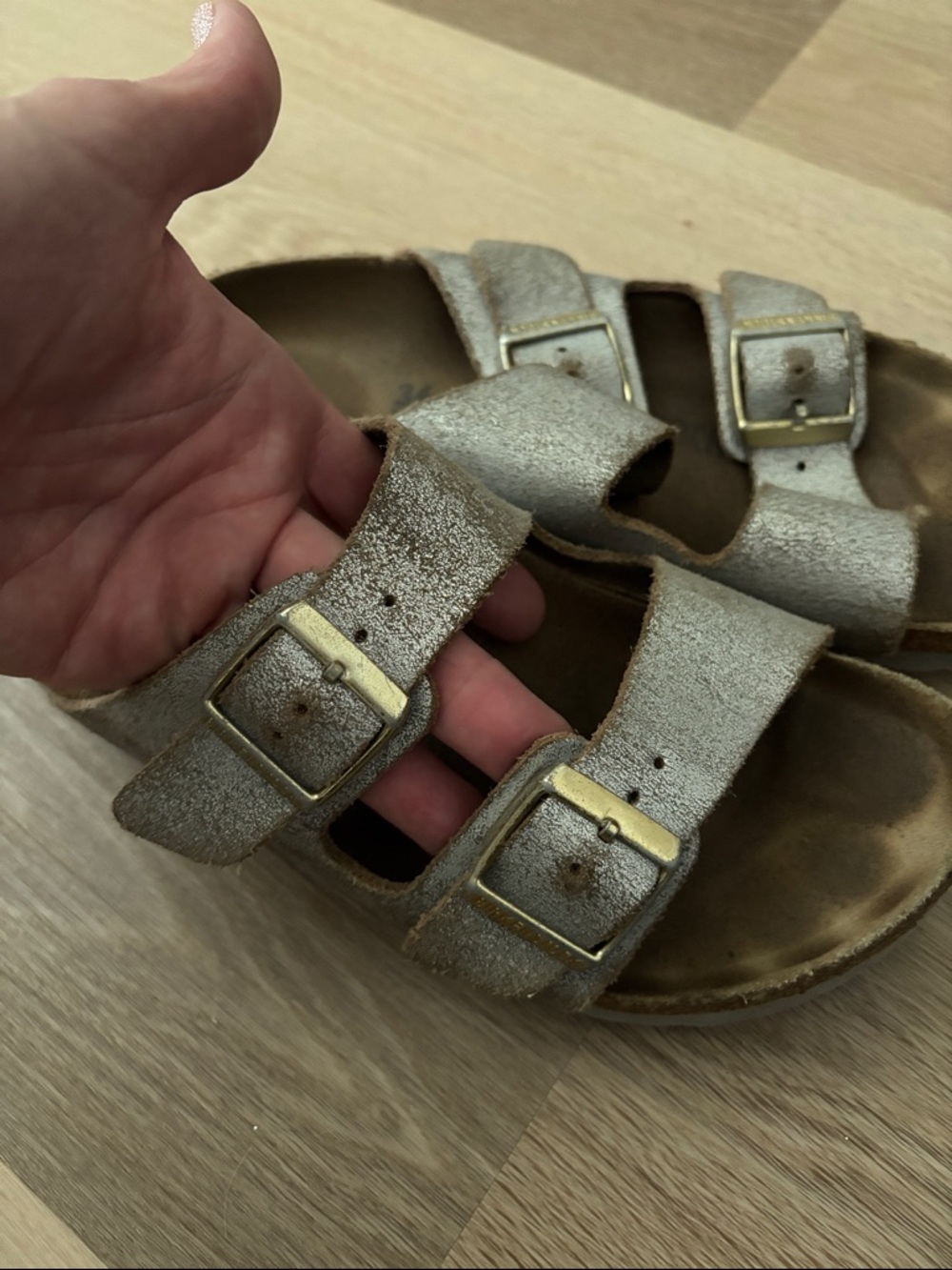 Double Buckle distressed silver metallic Birkenstock Sandals Arizona 36